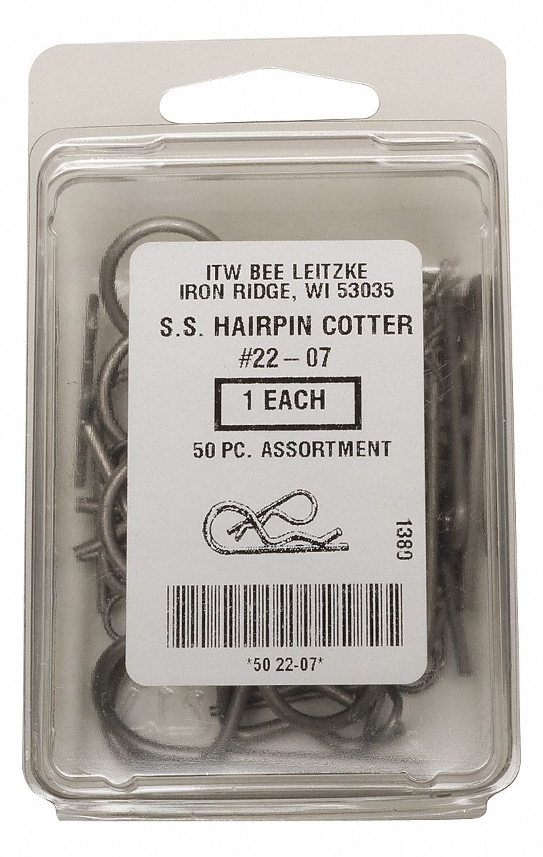 Hairpin Cotter Asst, 18-8, 50 Pcs, 5 Sizes