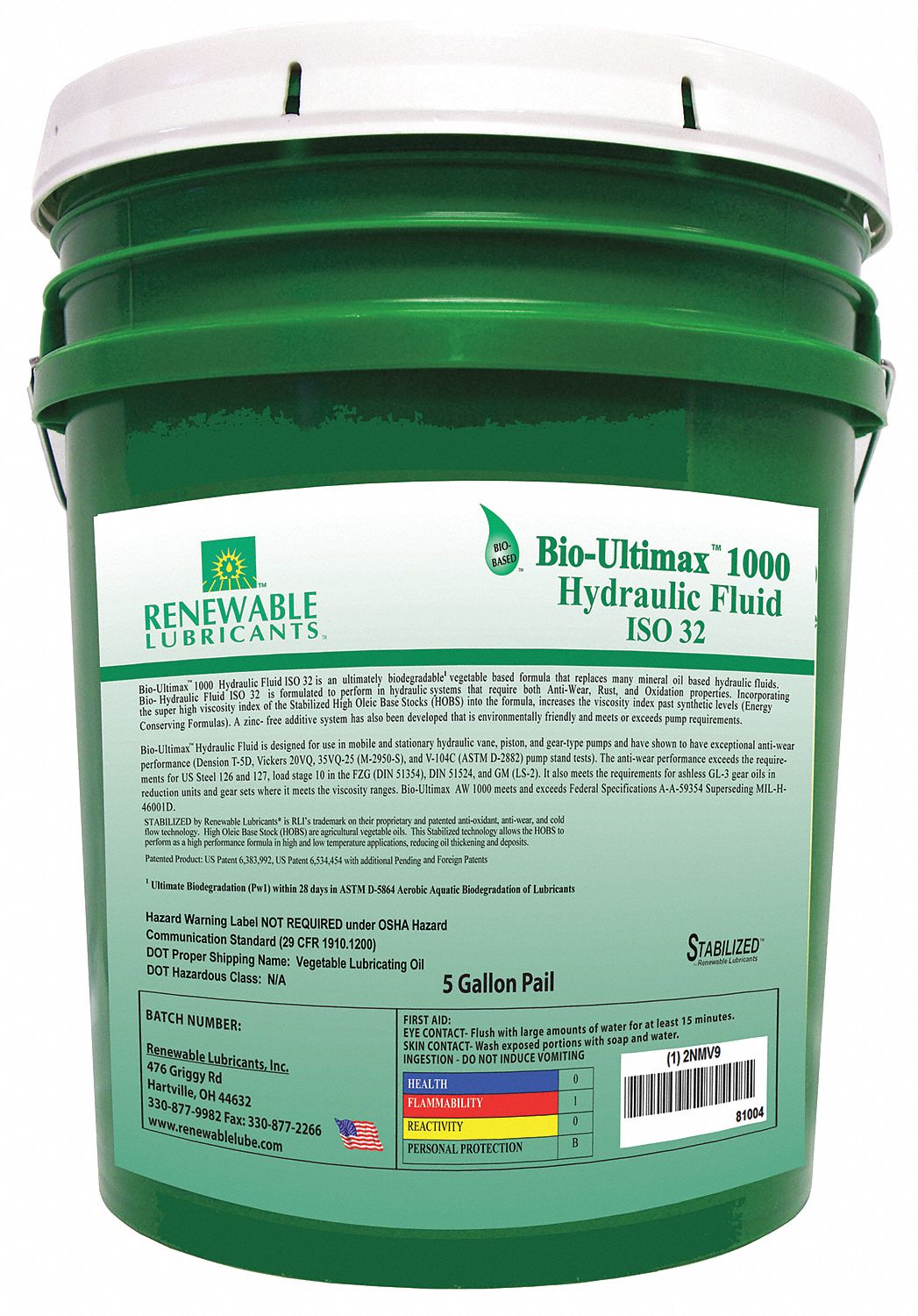 Hydraulic Oil, Bio, Ultimax 1000, 5 Gal, 32
