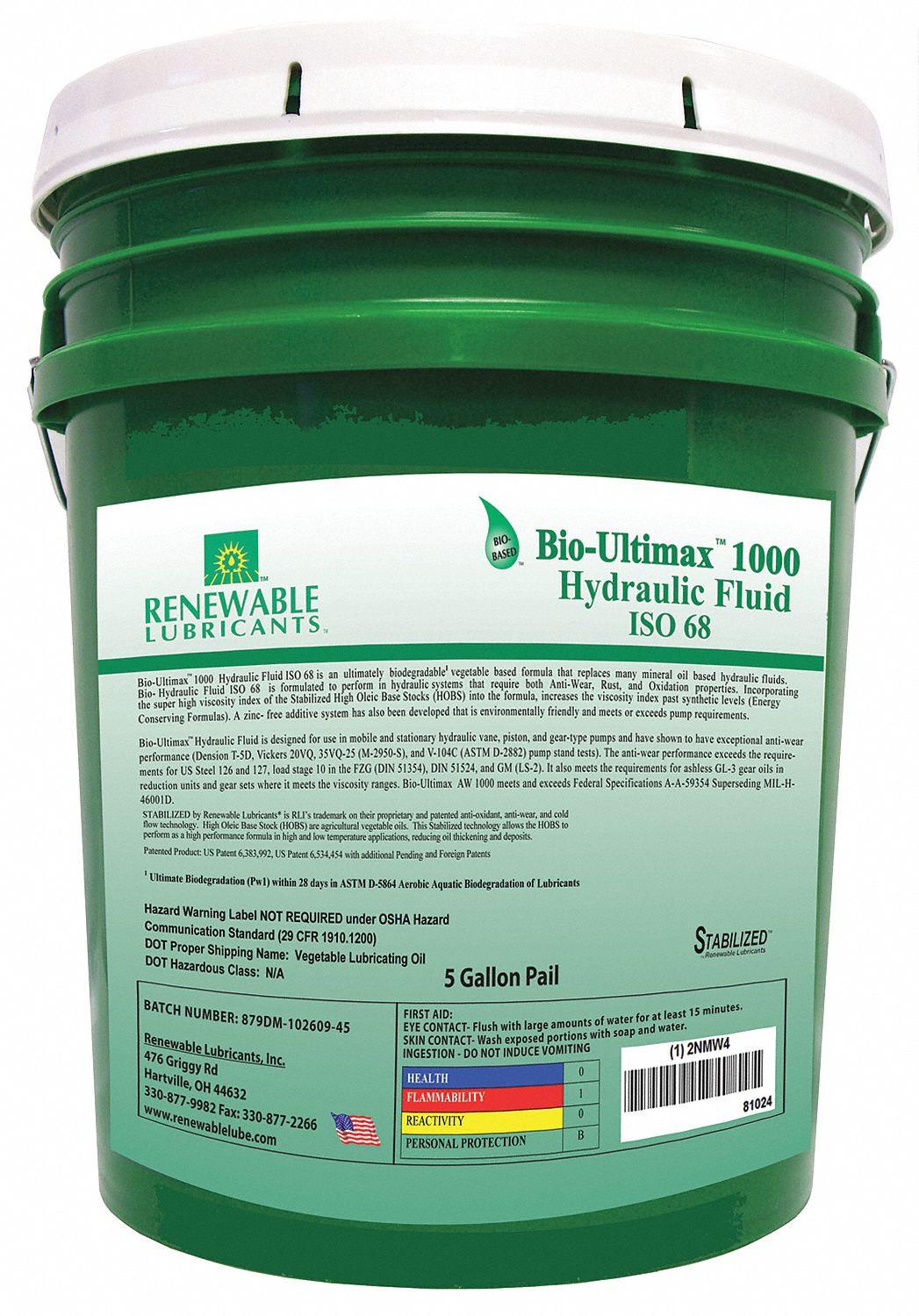 Hydraulic Oil, Bio, Ultimax 1000, 5 Gal, 68