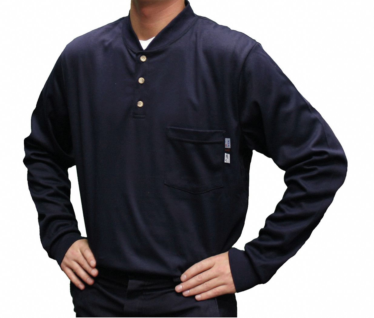 FR Lng Slv Henley Shirt, Nvy, 3XL, Button
