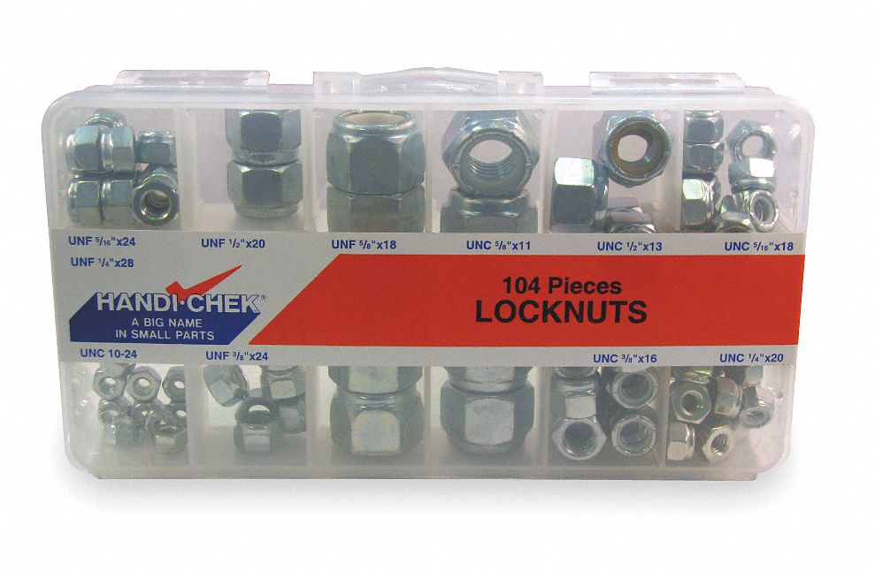 Hex Locknut Asst, Nylon Insert, Zinc, 104PC