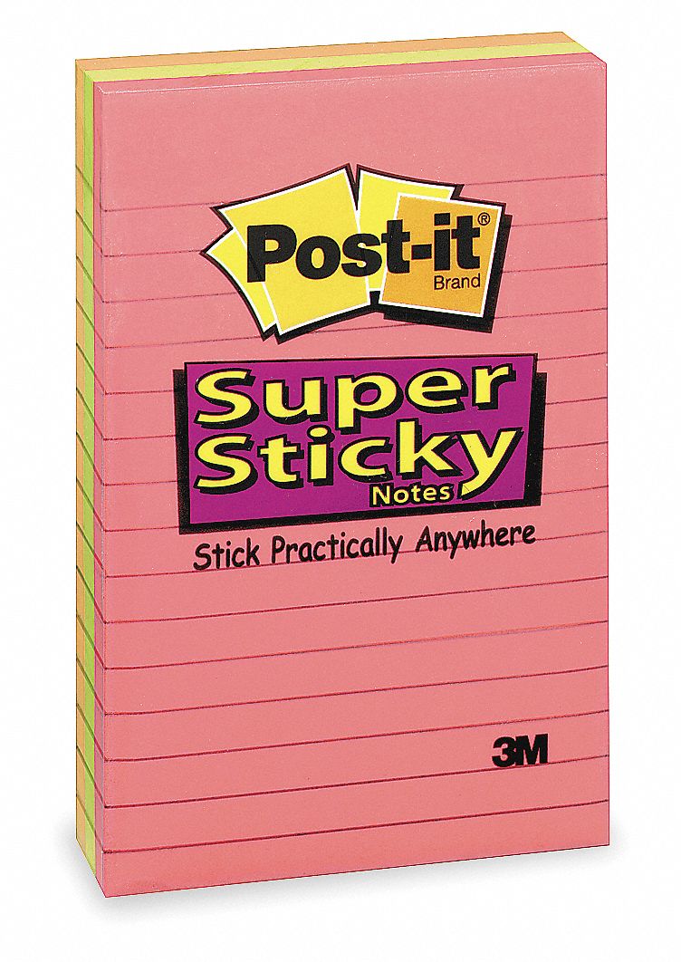 Super Sticky Notes, 4x6 In., Assorted, PK3