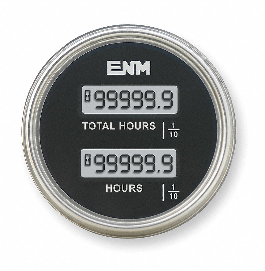 Hour Meter, LCD, 2.33 In, Flush Round