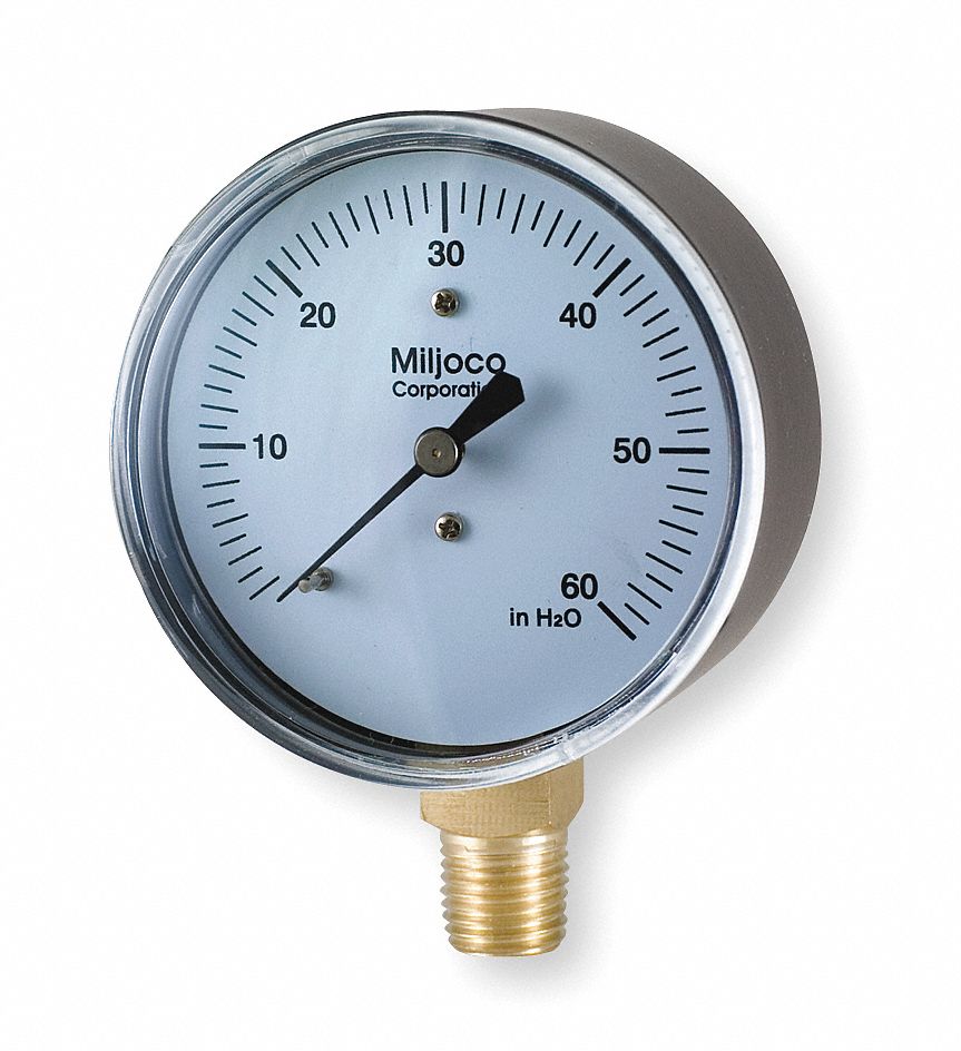 Pressure Gauge, 2 1/2 In, 0 to 60 In WC