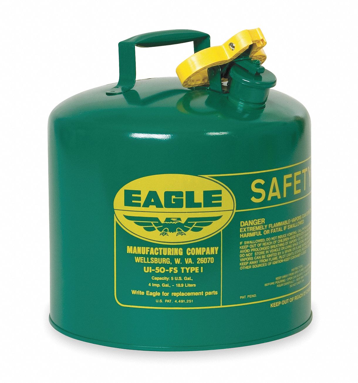Type I Safety Can, 5 gal, Green, 13-1/2In