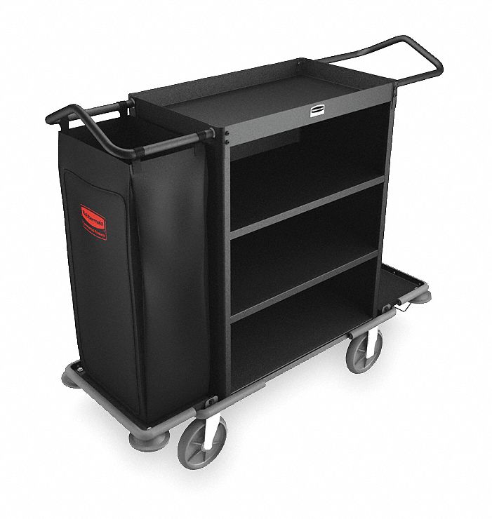 Housekeeping Cart, Black, Steel, 3 Shelf