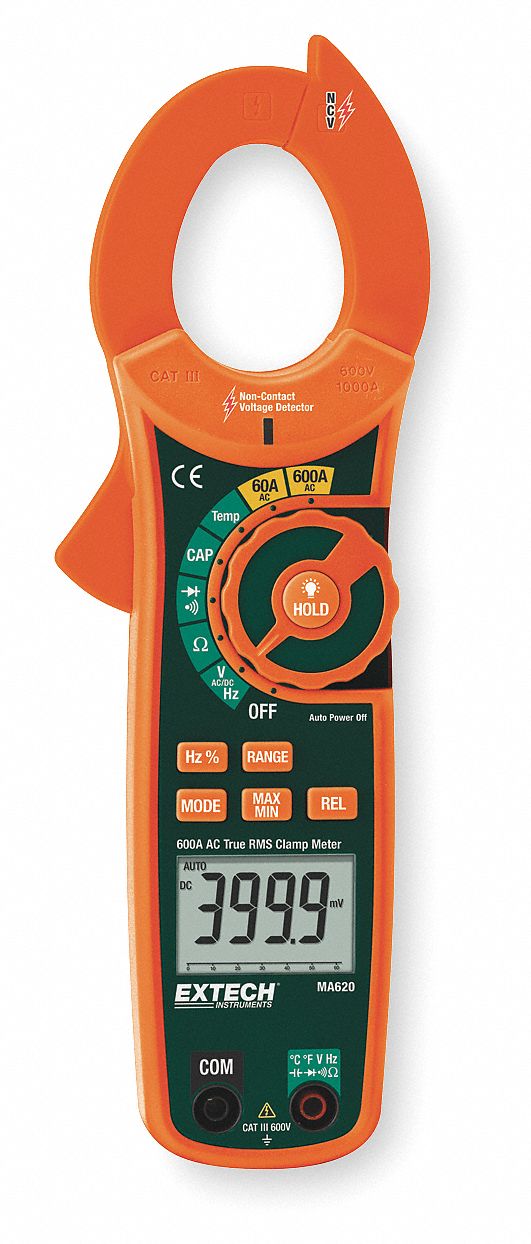 Digital Clamp On Ammeter, 600A, 60 MOhms