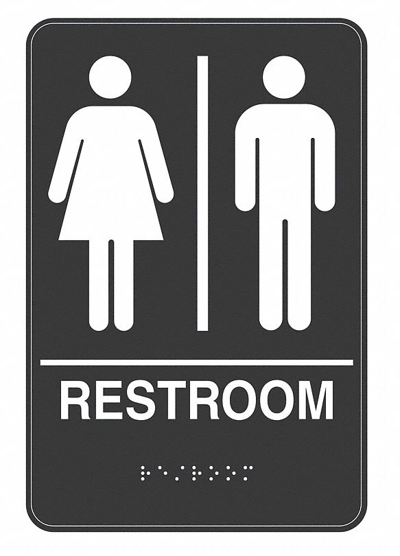 Restroom Sign, 9 x 6In, WHT/BK, Vinyl, ENG