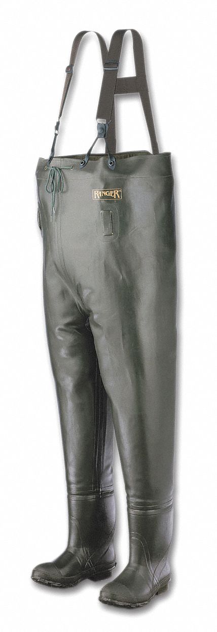 Chest Waders, Plain Toe, Mens, 8, Green, 1PR