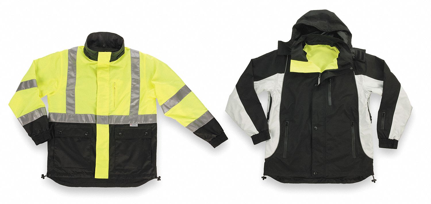 Jacket w/Hood, Hi-Vis Ylw/Green/Black, 2XL