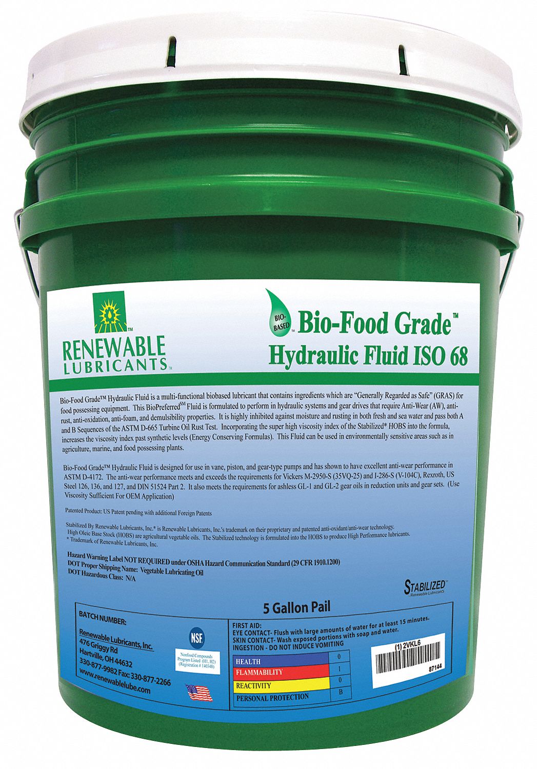 Bio-Food Grade Hydraulic Fluid, 5 Gal, 68