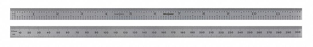 Steel Rule, Flex, 12In, 10th/50th/1mm/.5mm