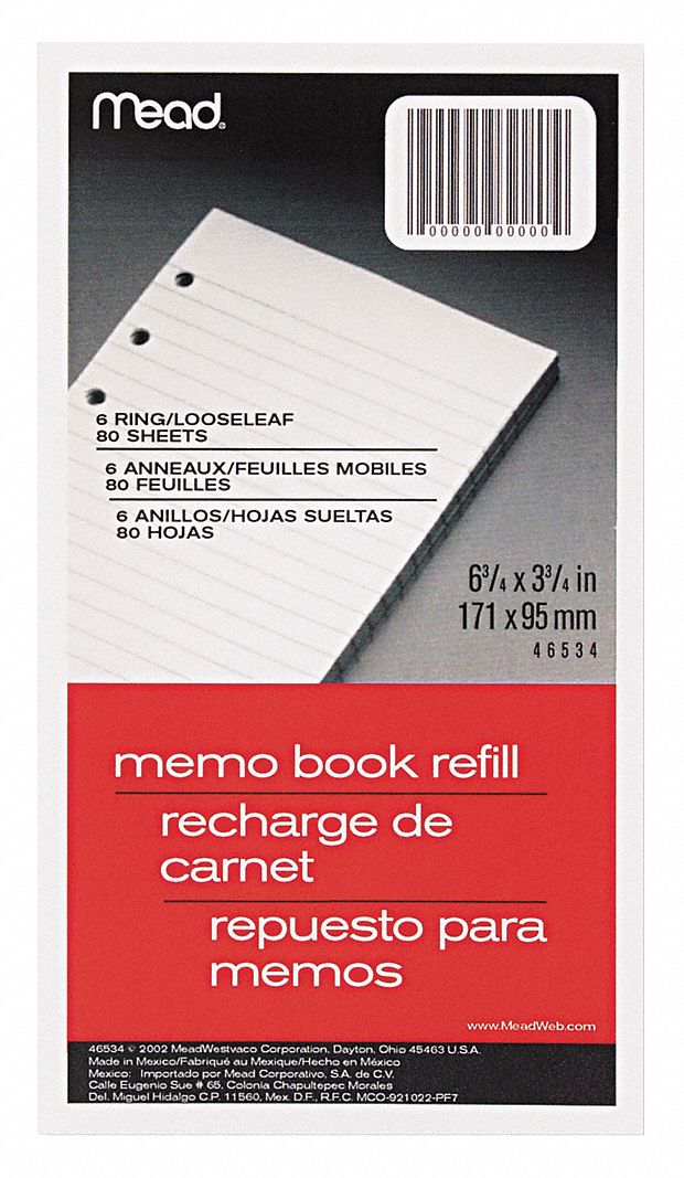 Loose Leaf, Memo, 6-3/4 x 3-3/4 In, Pk 80