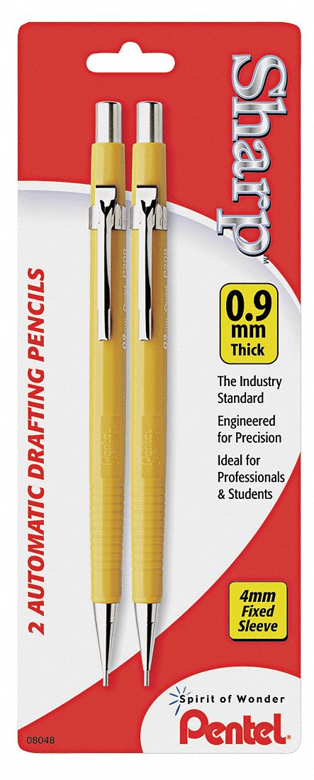 Mechanical Pencil, 0.9mm, Yellow, Pk 2