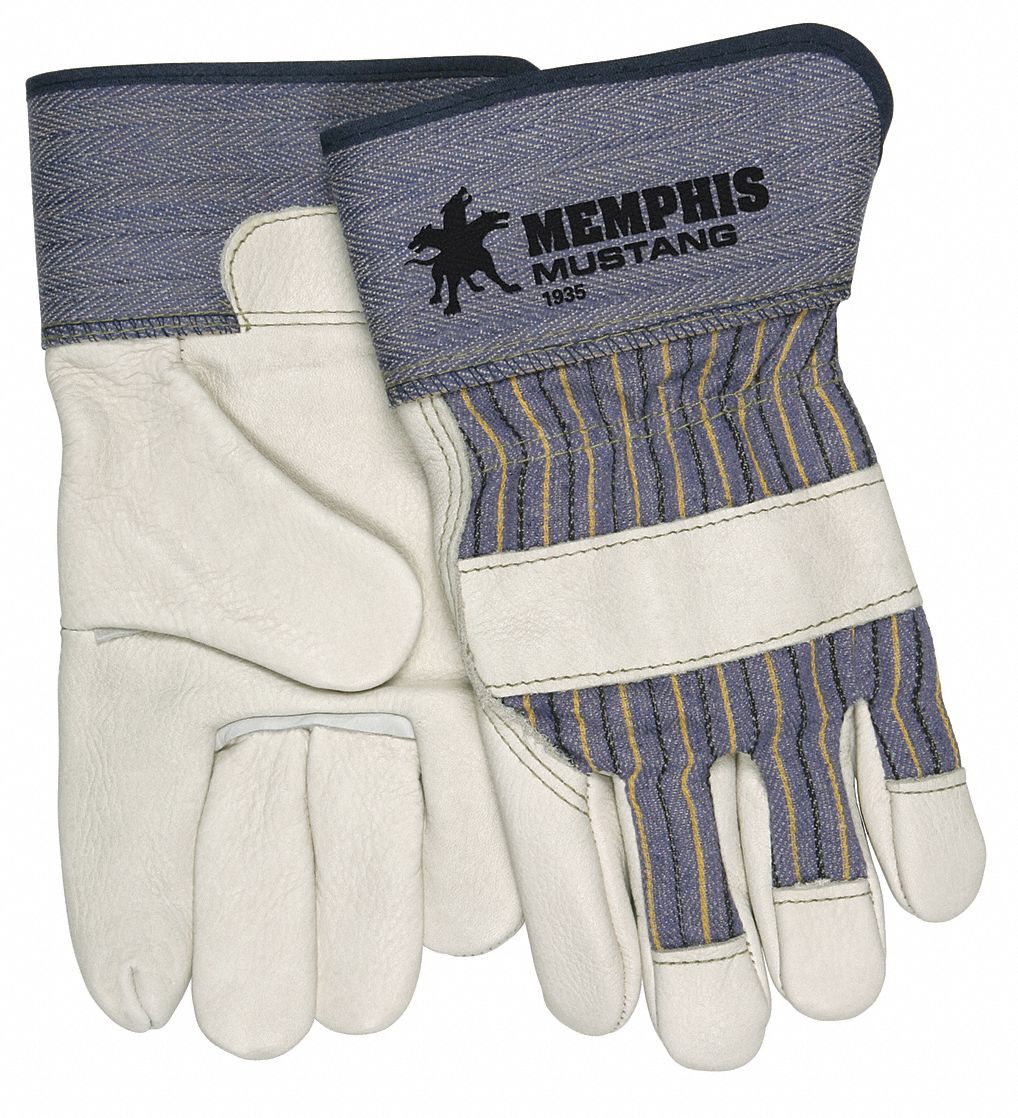 Leather Palm Gloves, Cowhide, White, M, Pr