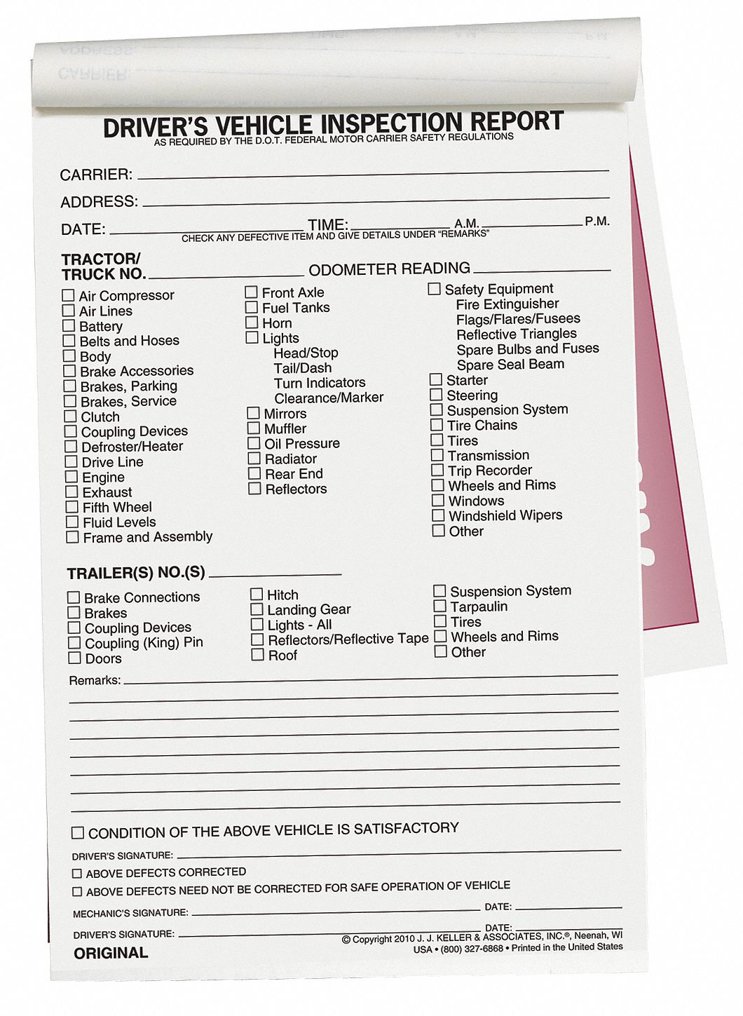 Vehicle Inspection Form, 2 Ply, Carbonless