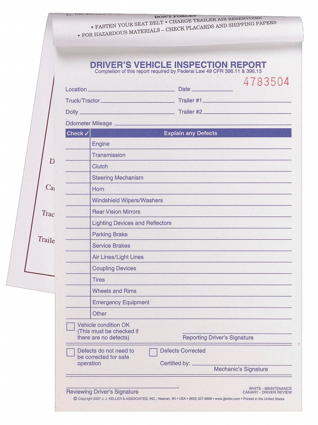 Vehicle Inspection Form, 2 Ply, Carbonless