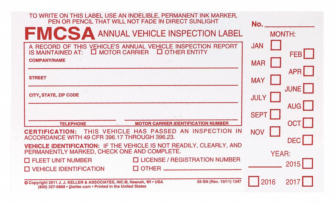Vehicle Inspection Decal, 6 x 3 1/2 In.