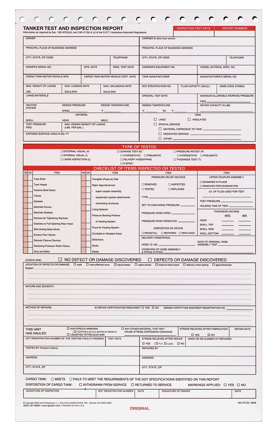 Tanker Test/Inspection Report, 3 Ply