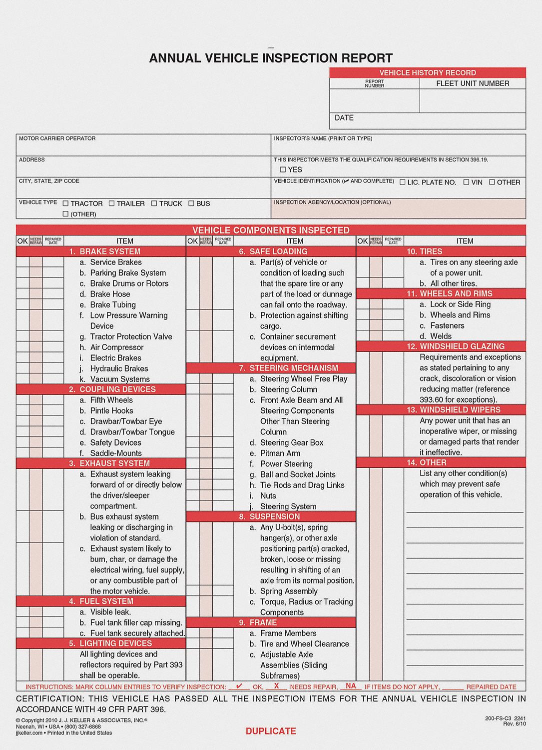 Vehicle Inspection Report, Carbonless