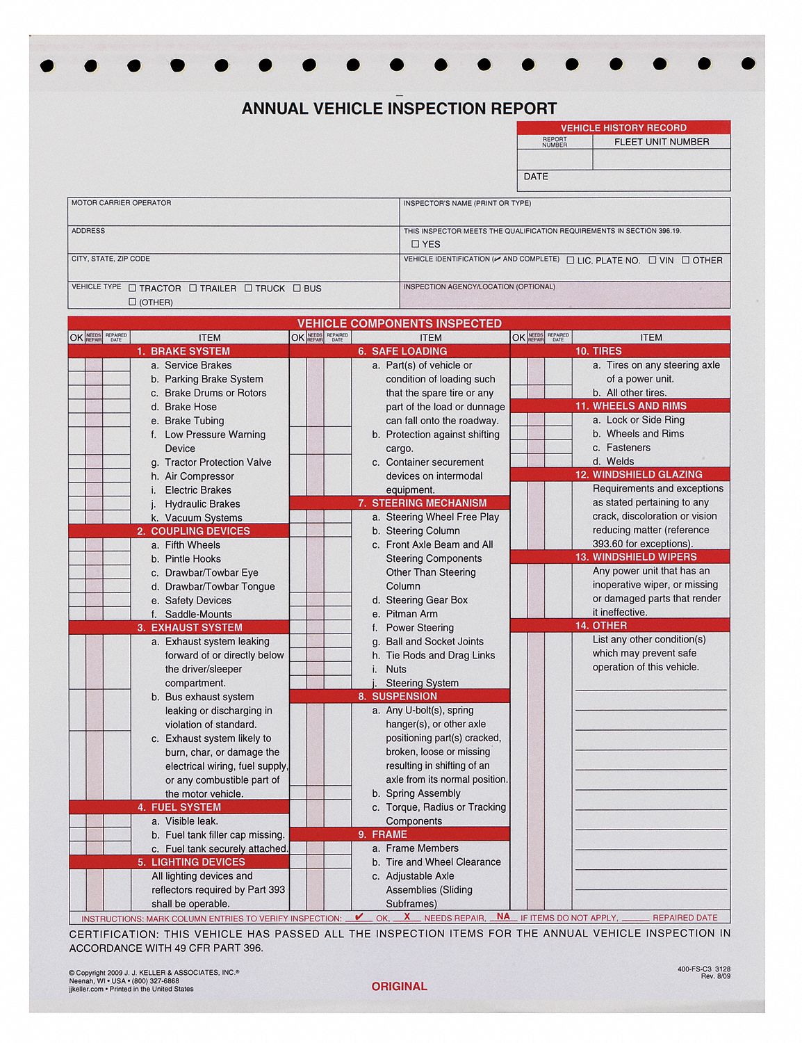 Vehicle Inspection Report, Carbonless
