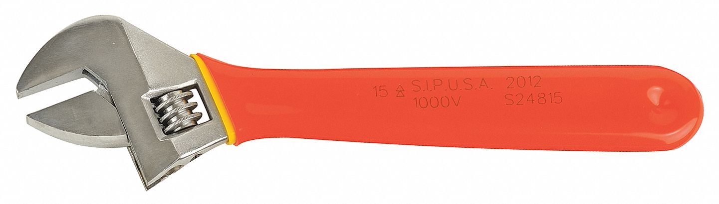 Insulated Adj Wrench, 15 in, Orange/Yellow