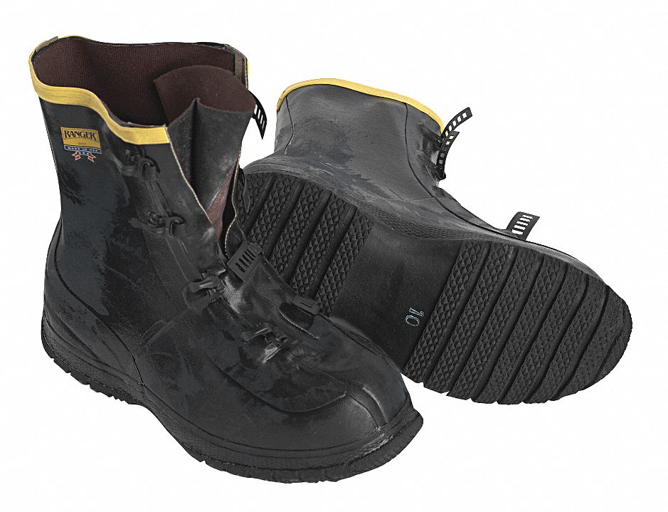 Overboots, Mens, 9, 4-Buckle, Blk, Rubber, 1PR