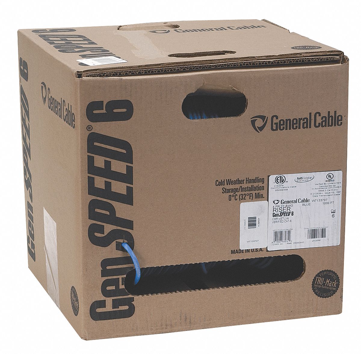 Cat 6 23/4 Riser 1000 Ft, Blue