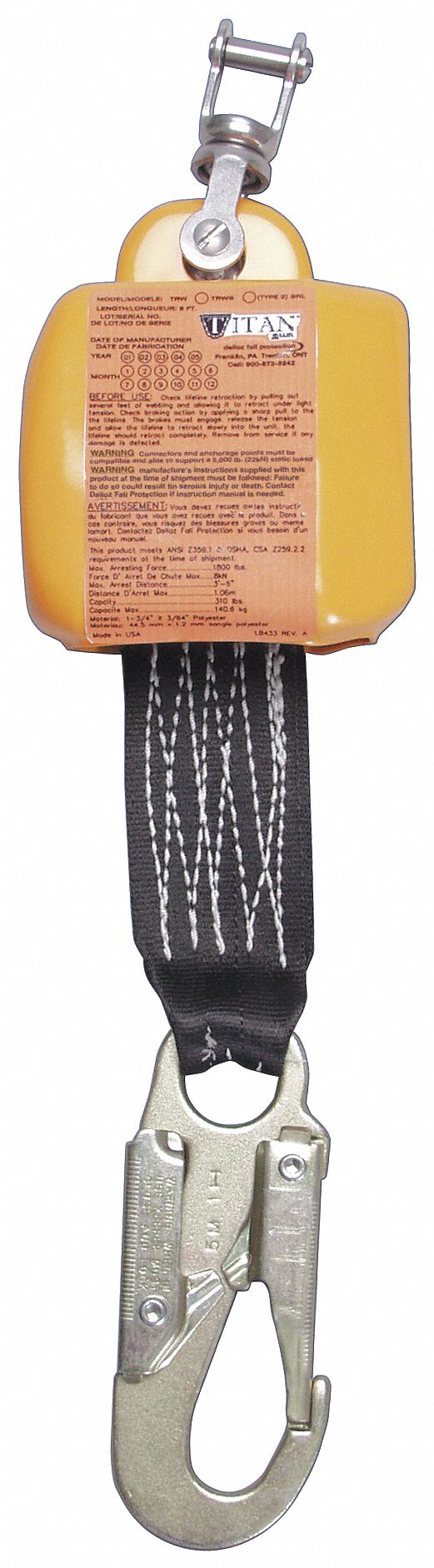 Slf-Retracting Lifeline, 8ft, Plystr, 310lb