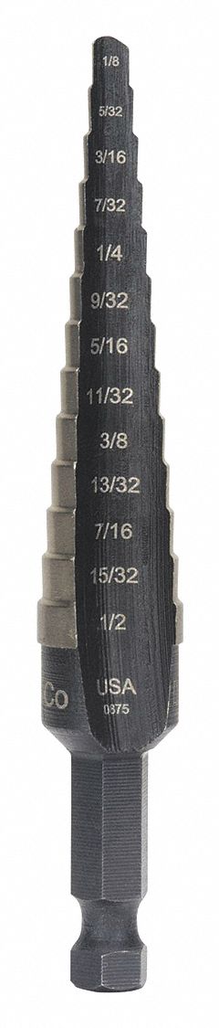 HSS Step Drill Bit, 1/8-1/2 In, Step 1/32