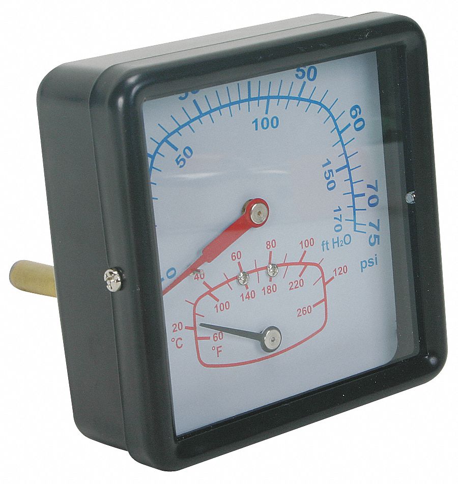 Boiler Gauge, Square, 0-75 PSI, 60 to 260 F