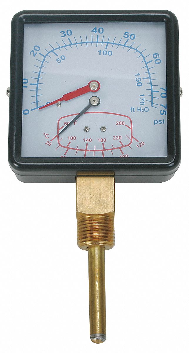 Boiler Gauge, Square, 0-75 PSI, 60 to 260 F