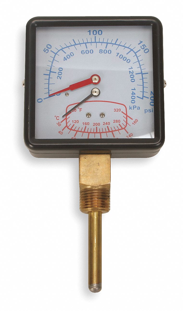 Boiler Gauge, Square, 0-200PSI, 80 to 320 F