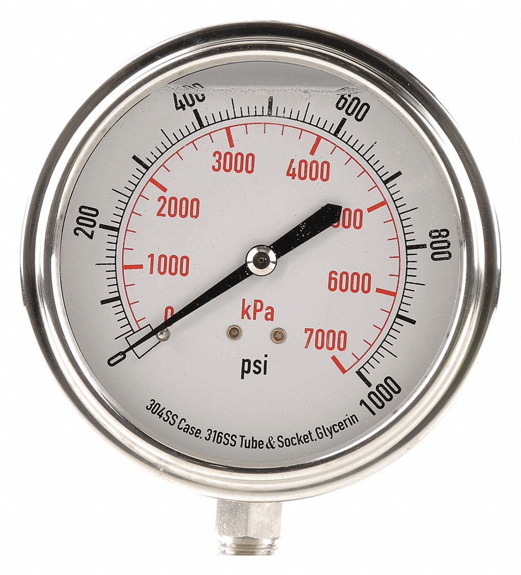 Pressure Gauge, Filled, 3 1/2In, 1000Psi, SS