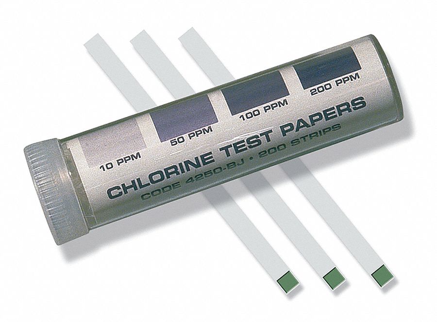 Test Stips, Chlorine, 10to 200 PPM, Pk 200