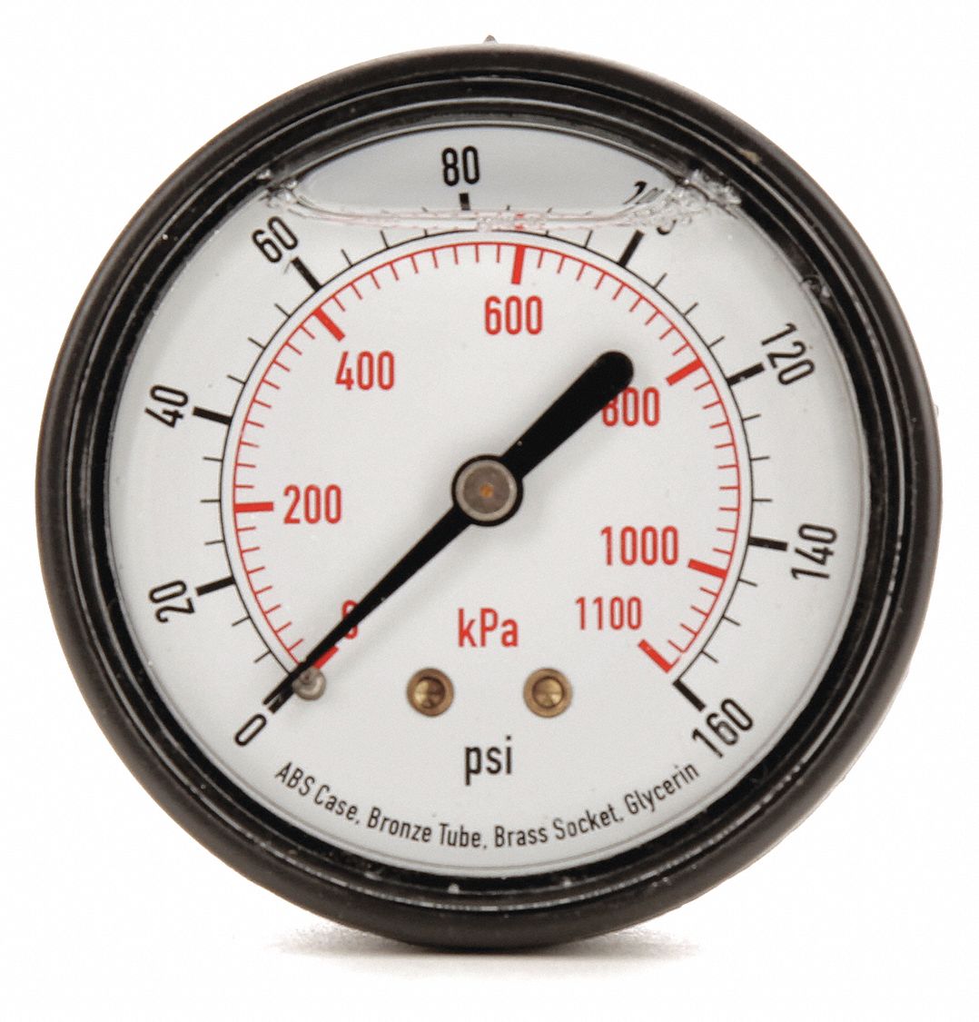 Pressure Gauge, Filled, 1 1/2 In, 160 Psi