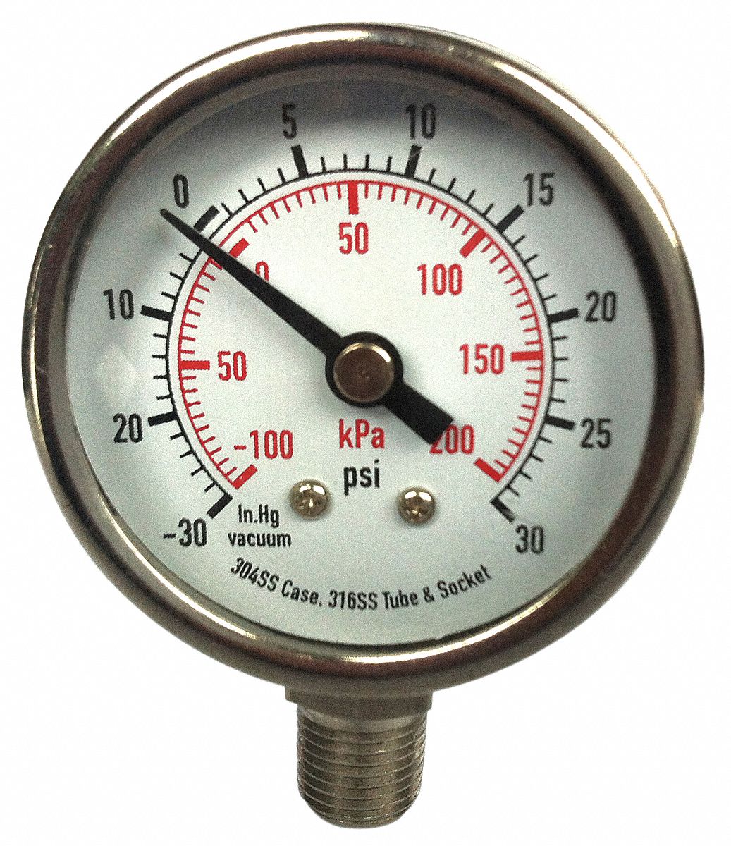 Compound Gauge, 2 In, 30 Psi, SS, Lower