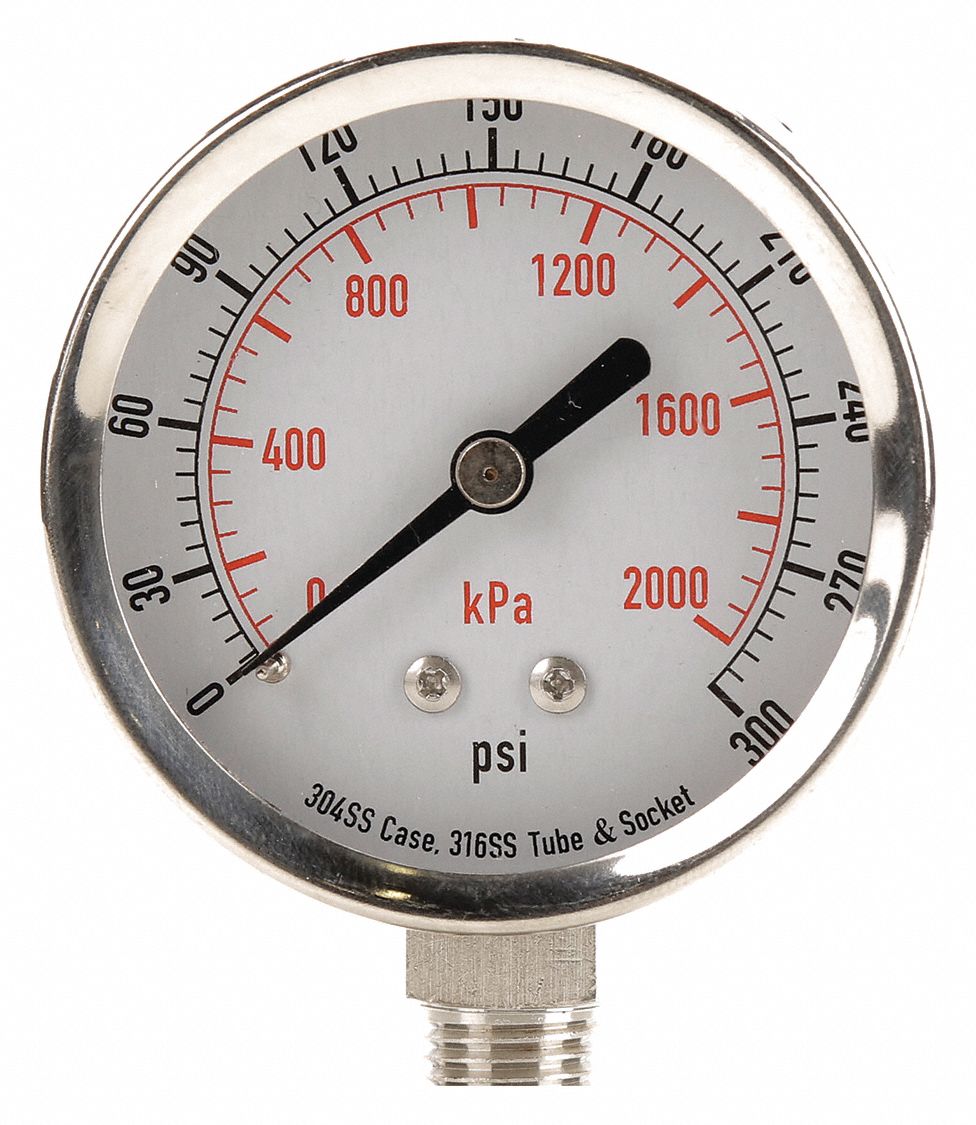 Pressure Gauge, 2 1/2 In, 300 Psi, SS, Lower