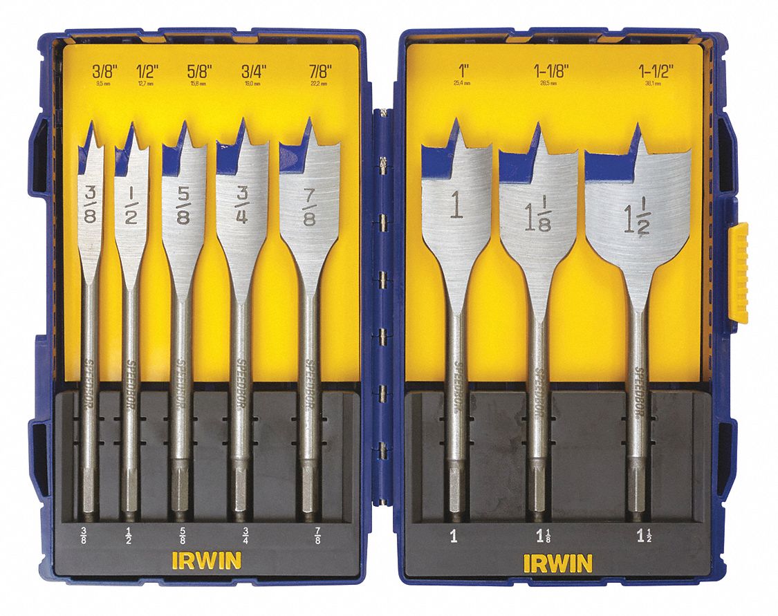 Spade Bit Set, 3/8-1 1/2 Dia, 8 PC