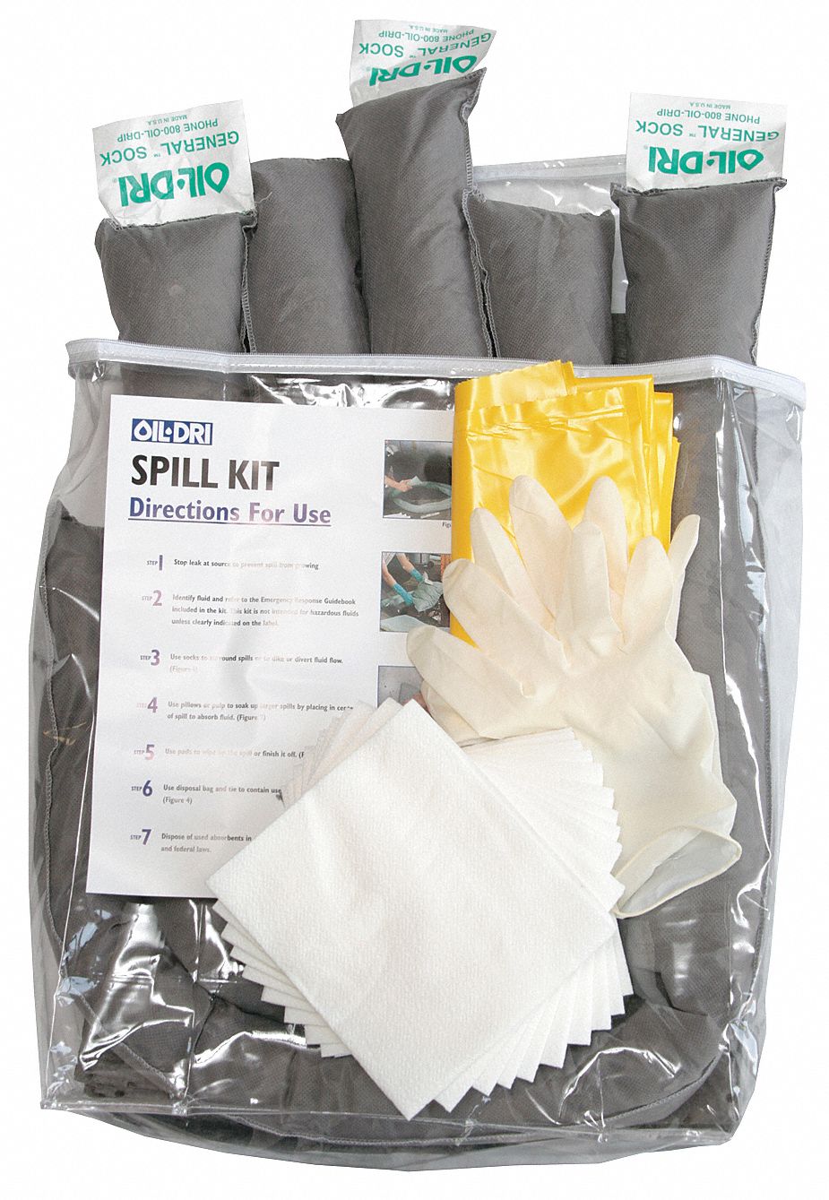 Spill Kit, 10 Pads and Wipes, 3 Socks, Bag