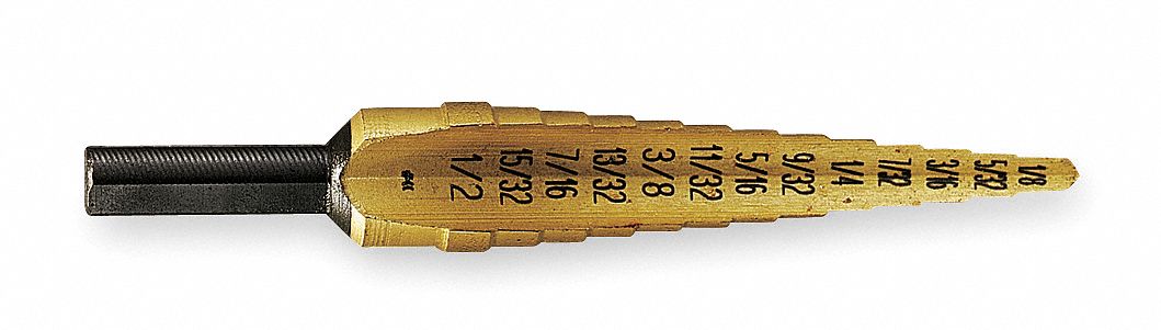Tin Coated Step Drill Bit, 1/8-1/2 In