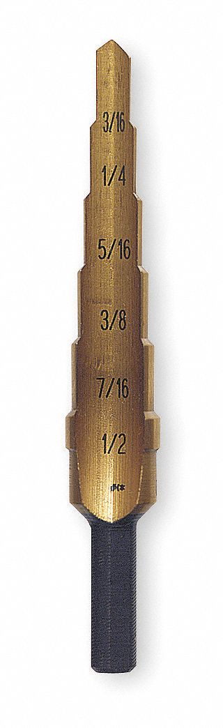 Tin Coated Step Drill Bit, 3/16-1/2 In