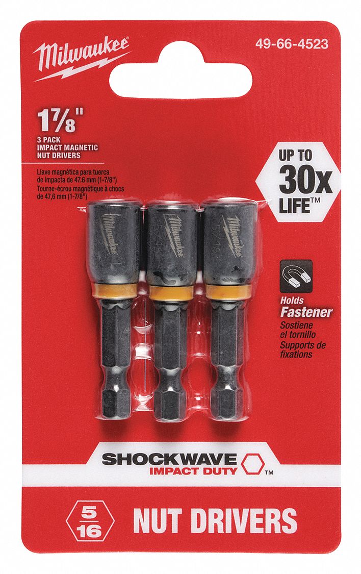 Mag Nut Driver, 5/16 Dr, 1 7/8 L, Pk 3