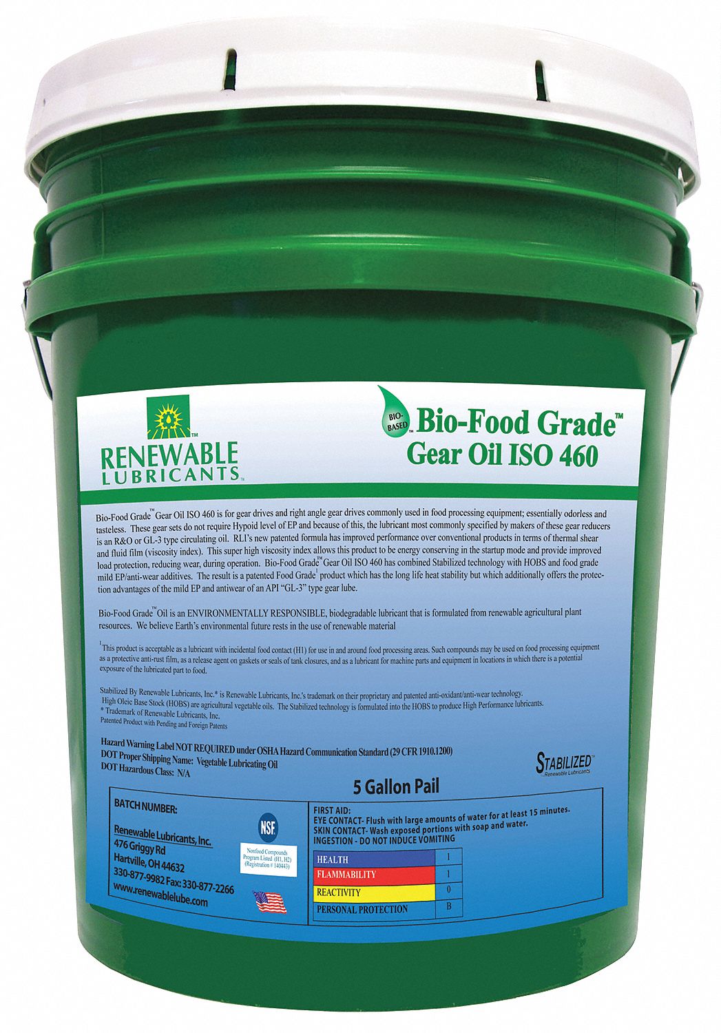 Gear Oil, Biobased, ISO 460, 5 Gal, NSF H1