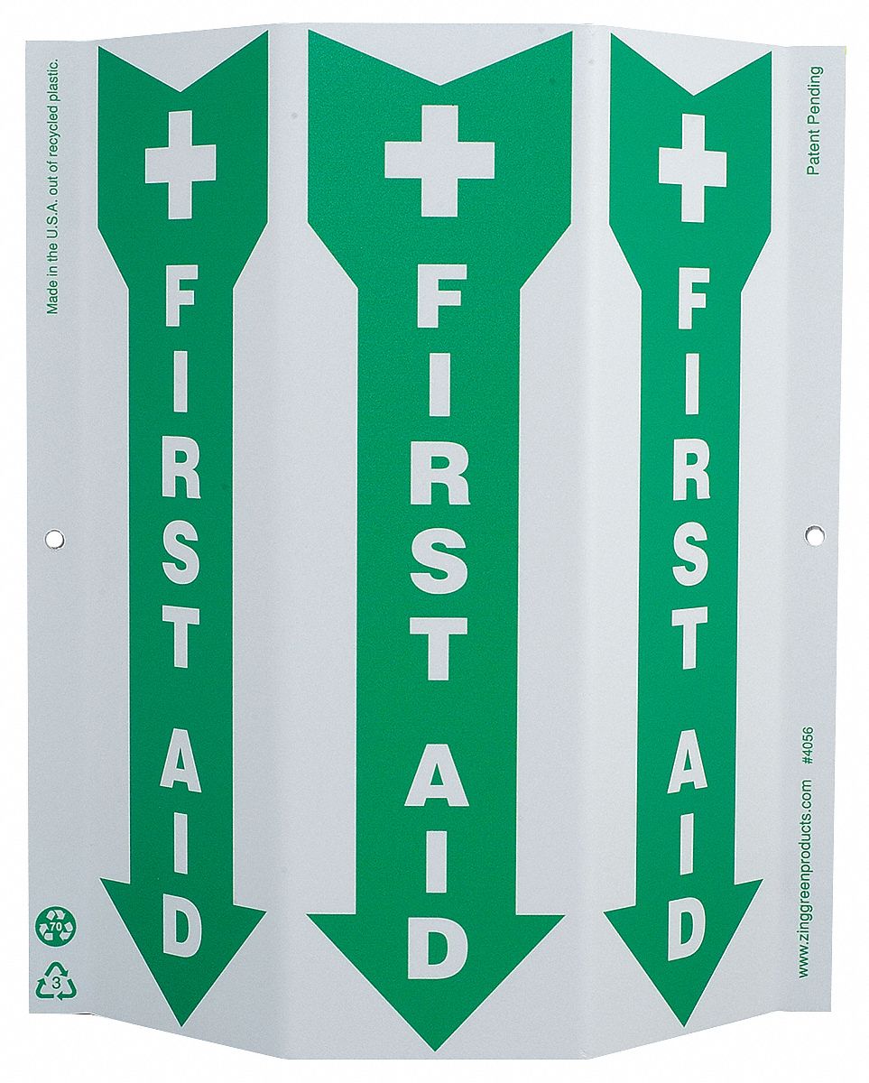 First Aid Sign, 12 x 9In, GRN/WHT, ENG