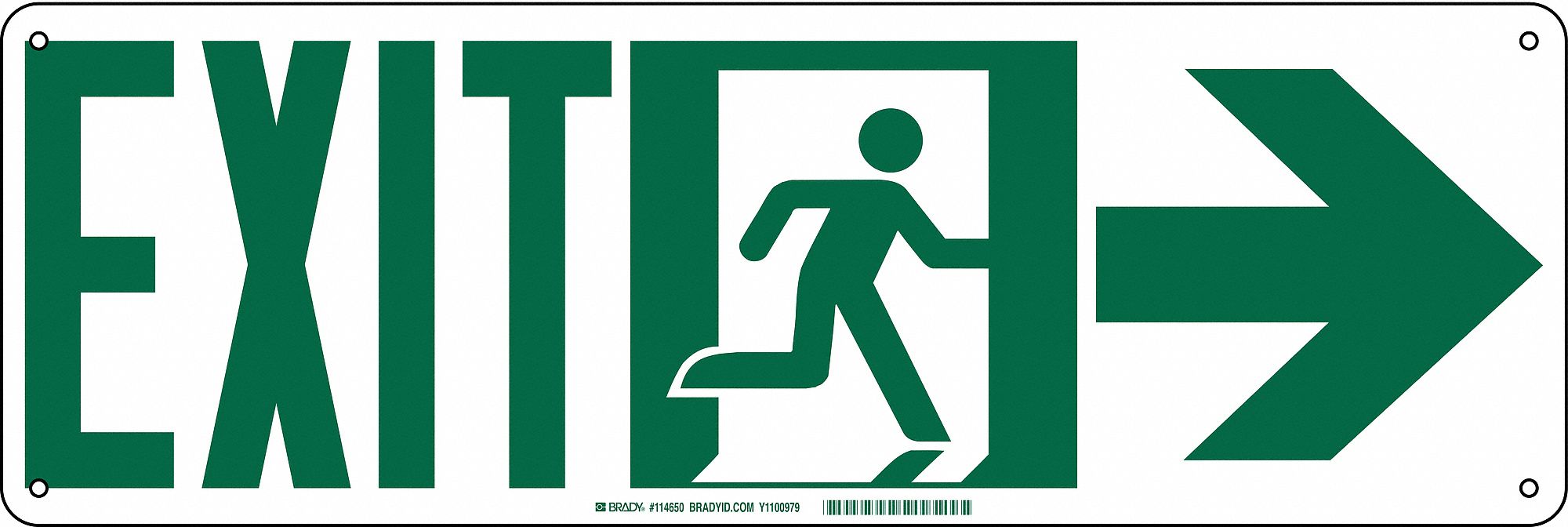 Fire Exit Sign, 7 x 21In, GRN/WHT, Exit, ENG