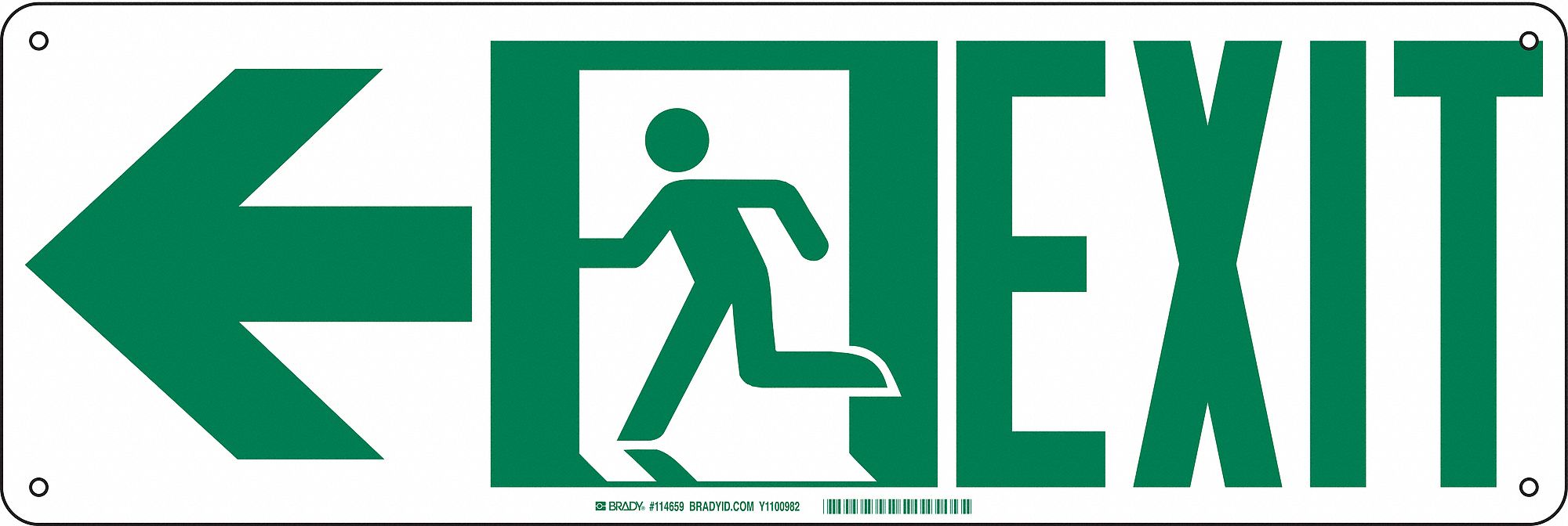 Fire Exit Sign, 7 x 21In, GRN/WHT, Exit, ENG