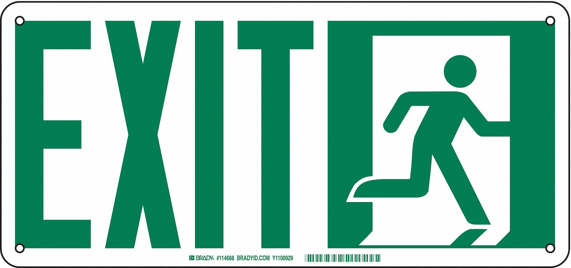 Fire Exit Sign, 7 x 15In, GRN/WHT, Exit, ENG