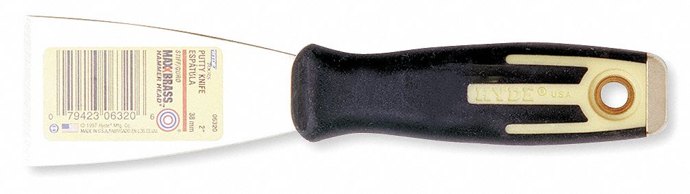 Putty Knife, Stiff, 2 In, Brass, Soft Grip