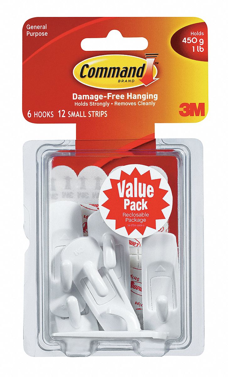Small Hook, White, Length 2 3/8 In., Pk 6
